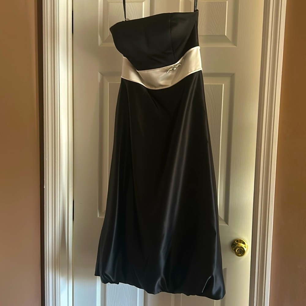 Beautiful black satin strapless bridesmaid dress with gathered bottom (size 8)